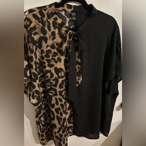 Emery Rose Leopard Batwing Sleeve Tie Neck Blouse